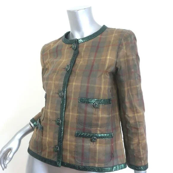 Chanel 2013 Paris-Edinburgh Snakeskin-Trimmed Plaid Jacket Brown Size 40 - Picture 4 of 10